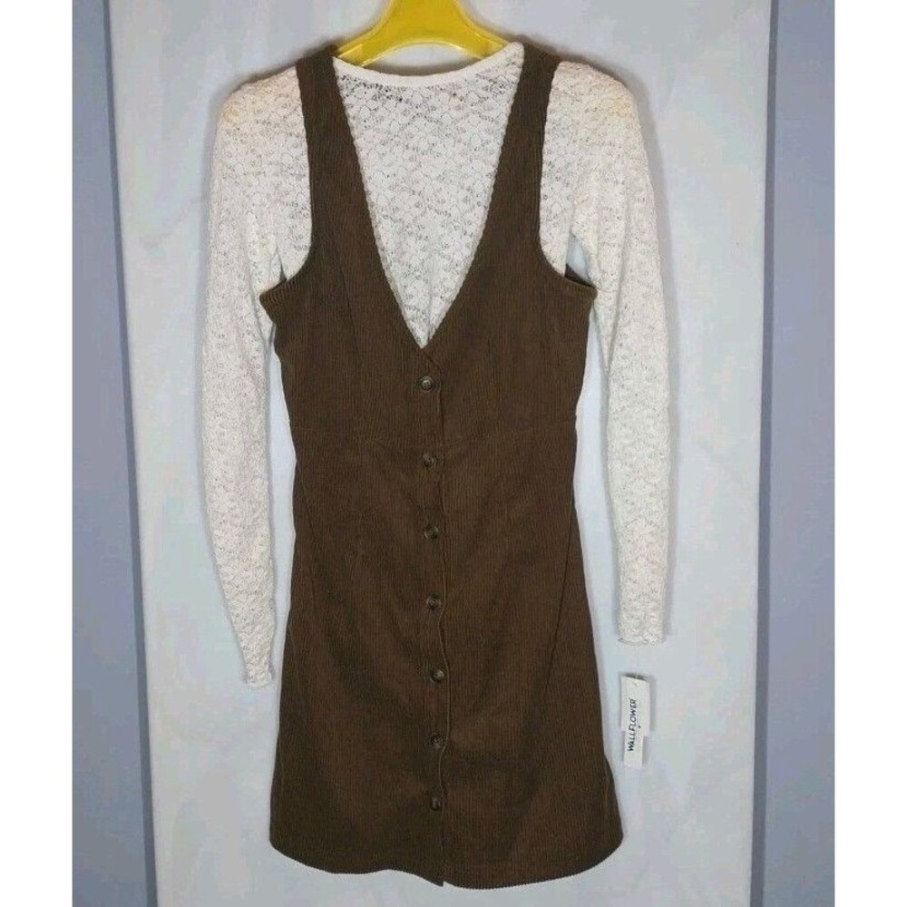 Wallflower XS Corduroy Pinafore Jumper Dress Brown Button Front Lace Top NWT